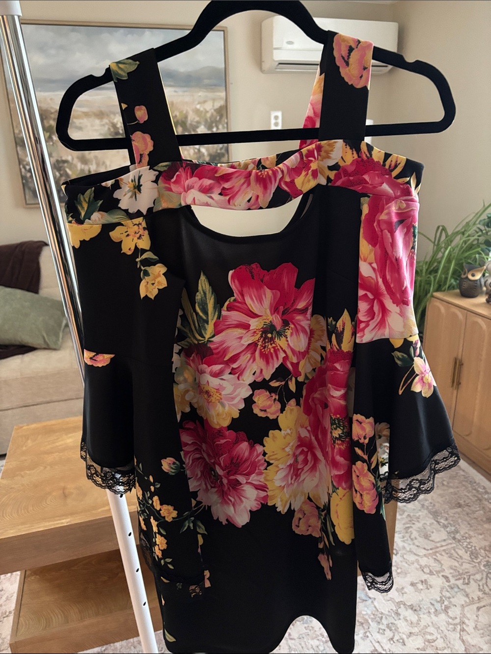 Floral Off-Shoulder Black dress with Pink & Yellow Blooms